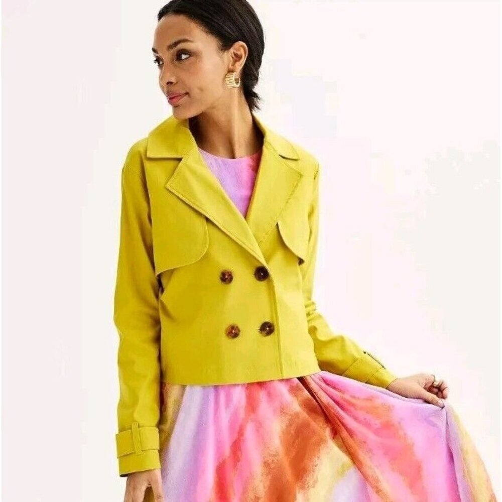 Women's Nine West Cropped Trench Coat Jacket Mustard Blazer Button Up - Size 14
